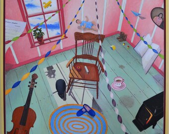 Graphite Pencil and Ink Painting, Large Painting, Birthday Painting, Traditional Painting, Jacques Audet,  "The Rocking Chair", 38x44