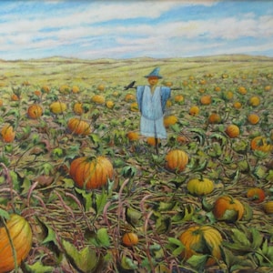 Large Painting, Oil Painting, Scarecrow Painting, Pumpkin Painting, Farm Painting, Fall Painting, Field Painting, Audet,"The Diviner", 24x30