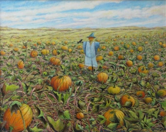 Large Painting, Oil Painting, Scarecrow Painting, Pumpkin Painting, Farm Painting, Fall Painting, Field Painting, Audet,"The Diviner", 24x30