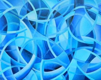 Puede incluir: Pintura abstracta con círculos superpuestos en tonos azules. Los círculos están superpuestos y crean una sensación de profundidad y movimiento.