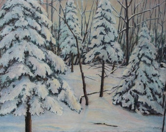 Oil Pastel Painting, Winter Painting, Snow Painting, Forest Painting, Landscape Painting, Audet, "Waking Up With The Sun", 22x28