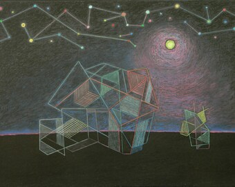 Puede incluir: Un dibujo en blanco y negro de una estructura geométrica con una luna amarilla y una constelación de estrellas en el fondo.