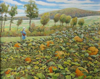 Puede incluir: Una pintura de un campo de calabazas con una persona en la distancia que lleva un sombrero blanco y ropa azul. Las calabazas son de color naranja y el campo es verde. El fondo es un cielo azul con nubes blancas y una colina verde.