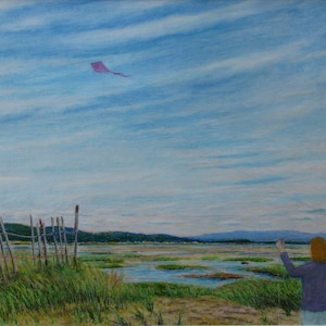 Original Painting, Oil Pastel Painting, Landscape Painting, Kite Painting, Wetland Painting, Marsh Painting, Audet, "Flying Away", 20x24