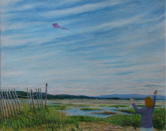 Original Painting, Oil Pastel Painting, Landscape Painting, Kite Painting, Wetland Painting, Marsh Painting, Audet, "Flying Away", 20x24