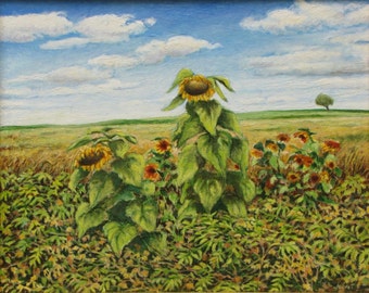 Original Painting, Oil Painting, Sunflower Painting, Landscape Painting, Garden Painting, Flower Painting, Audet, "The Head In The Clouds"