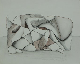 Abstract Art, Minimalist Art, Graphite Drawing On Paper, Black And White Drawing, Jacques Audet, "Equilibrium", 14x17