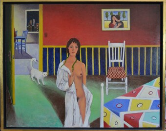 Nude Painting, Woman Painting, Cat Painting, BedRoom Painting, Figurative Painting, Canadian Painting, Fine Art, Audet, "Snake Woman", 24x30
