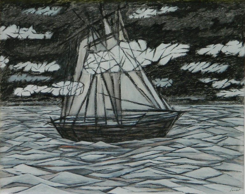 Original Painting, Mixed Media Painting, Black And White Painting, Sail Boat Painting, Seascape Painting, Audet, Veils, 16x20 image 1