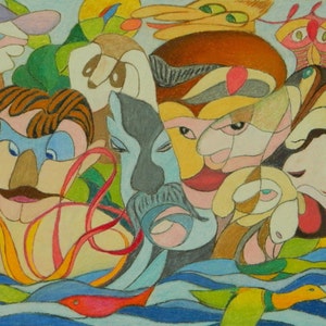 Original Drawing, Abstract Drawing, Pastel Drawing, Surrealist Drawing, Drawing On Paper, Jacques Audet, "Aladin's Lamp", 16.5x20.5