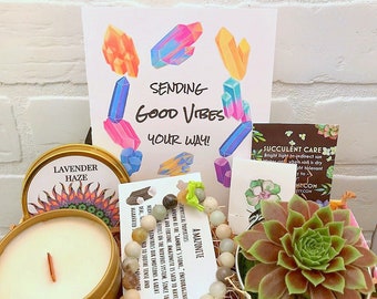 Sending Good Vibes Succulent Gift Box, Succulent Wood Wick Candle Gift, Free Shipping, Care Package, Recovery Gift, friend gift get well