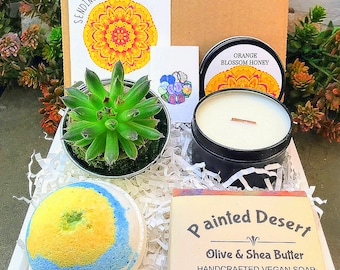 Sending Sunshine Succulent Candle Gift Box, Live Succulent Wood Wick Candle Gift, Sunshine Gift Card, Care Package, Recovery Gift