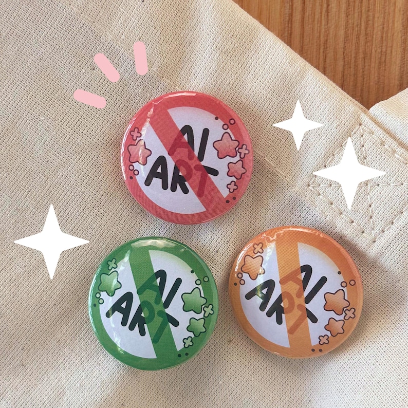 May include: Three round buttons with the text "AI ART" crossed out. The buttons are red, green, and orange, each with a different color scheme. The buttons are decorated with star and flower shapes.