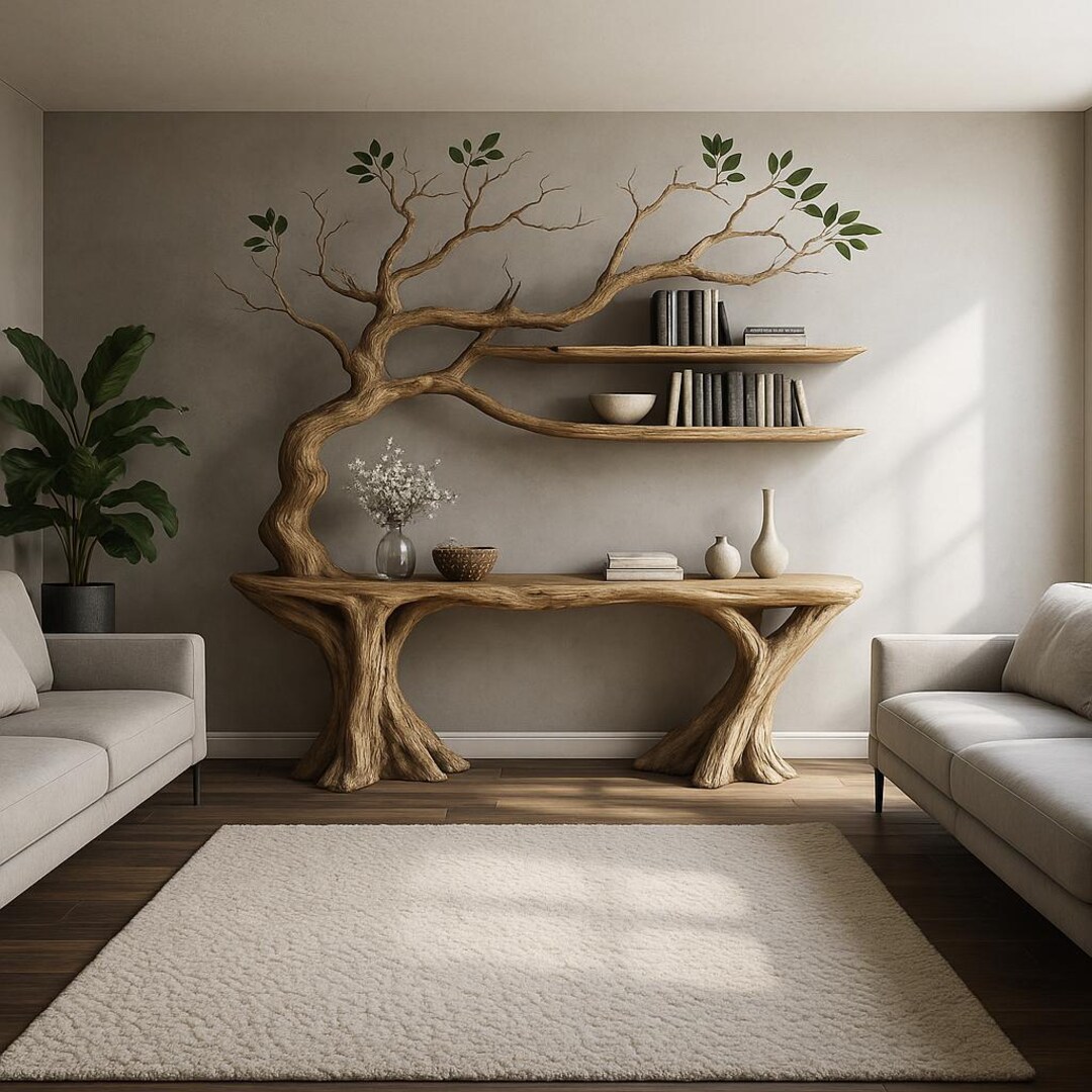Organic Console Tree Design Tree Console Table With Wall Shelves – Nature Inspired Wooden Furniture ...