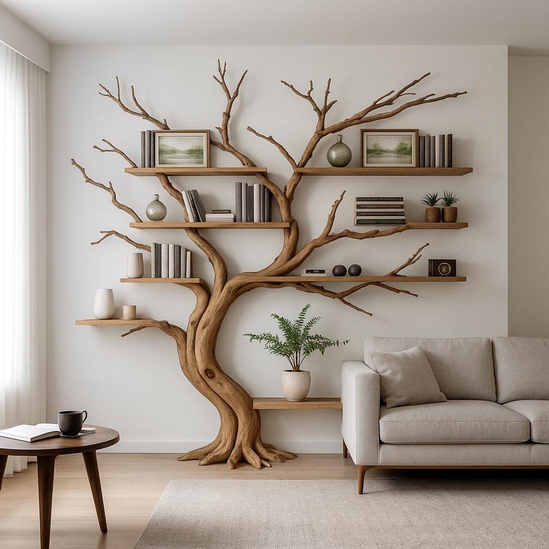 Tree Bookshelf Wall Decor Handmade Wooden Bookcase, Rustic Nature
