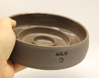 Personalized Ceramic Slow Feeder Pet Bowl, Dog and Cat Food Bowl, Custom Name Engraved.