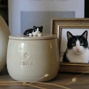 Op de afbeelding: Een crèmekleurige keramische pot met een deksel waarop een klein zwart-wit kattenbeeldje staat. De pot is voorzien van een pootafdruk en de naam LUNA. Daarnaast staat een houten fotolijst met een foto van een zwart-witte kat.
