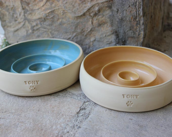Personalized Ceramic Slow Feeder Pet Bowls, Dog and Cat Food Bowl, Custom Name Engraved.