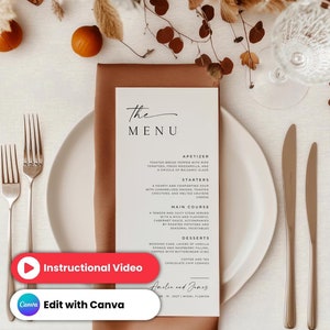 Modelo de menu de casamento moderno, cartão de menu de casamento digital, modelo de menu de jantar de casamento personalizado, download digital do modelo de menu de casamento Canva