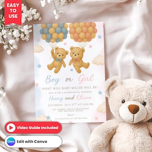 Gender Reveal Invite, Cute Bear Baby Shower Invitation, Digital Gender Reveal Invitation