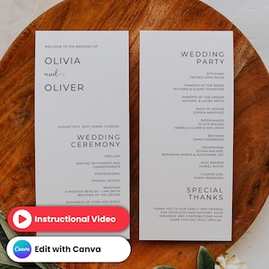 May include: Two vertical white wedding program cards with black sans-serif text. The left card lists the names Olivia and Oliver, the date August 15th, 2027, and the ceremony order. The right card lists the wedding party members and special thanks.