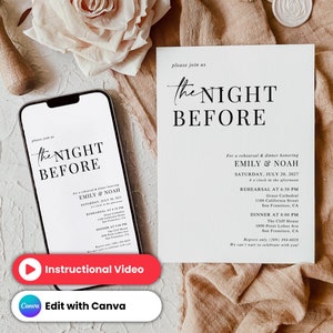 Die Nacht vor der Hochzeit Probe Abendessen Einladung Vorlage, Digitale Probe Abendessen Einladen Canva Vorlage, Probeessen Evite