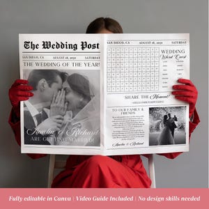 May include: A newspaper-style wedding announcement titled "The Wedding Post" with the headline "The Wedding of the Year!" Features a photo of a couple and a word search puzzle. The announcement is for Amelia & Richard.