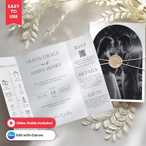 May include: A tri-fold wedding invitation with a black and white design. The invitation includes the names Olivia Grace and James Henry, event details, and RSVP information. A photo of the couple is on the right side.