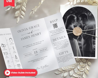 Gatefold Hochzeitseinladungsvorlage, dreifache Hochzeitseinladung, minimalistische Hochzeitseinladungsvorlage mit Foto, bearbeitbare Hochzeitseinladung