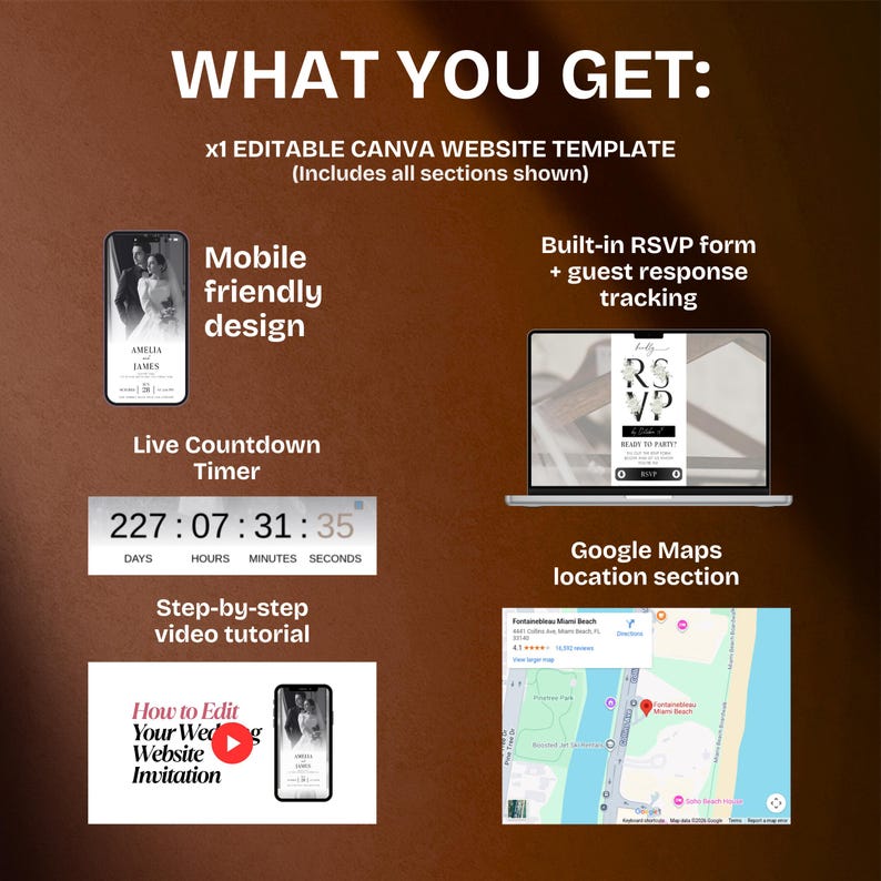 May include: A digital wedding website template with the text "WHAT YOU GET:" and "x1 EDITABLE CANVA WEBSITE TEMPLATE". Features include a mobile-friendly design, RSVP form, countdown timer, video tutorial, and Google Maps integration.