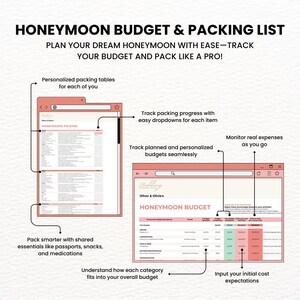 All-in-one Wedding Planner Spreadsheet in Google Sheets Budget Template format, featuring a digital wedding budget spreadsheet planner with personalized packing tables, budget tracking, and cost monitoring. Perfect for organizing honeymoon essentials and wedding planning in a digital budget spreadsheet.