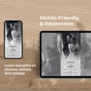May include: A black and white wedding invitation design displayed on a smartphone and tablet. The invitation features the names "Amelia and James" and event details. The text "Mobile-Friendly & Responsive" and "Looks beautiful on phones, tablets, and laptops" are also visible.