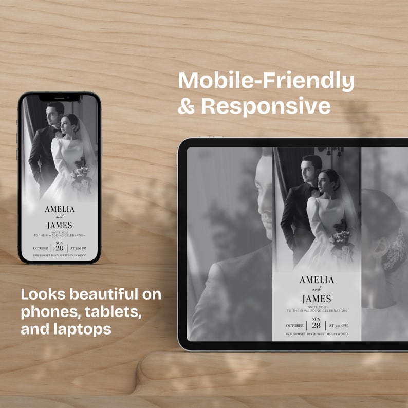 May include: A black and white wedding invitation design displayed on a smartphone and tablet. The invitation features the names "Amelia and James" and event details. The text "Mobile-Friendly & Responsive" and "Looks beautiful on phones, tablets, and laptops" are also visible.