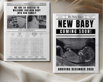 Op de afbeelding: Twee witte rechthoekige aankondigingskaarten met zwarte tekst en afbeeldingen. De ene kaart bevat een baby-woordzoeker en foto's, de andere is getiteld The Baby Times met een grote echofoto en de tekst New Baby Coming Soon.