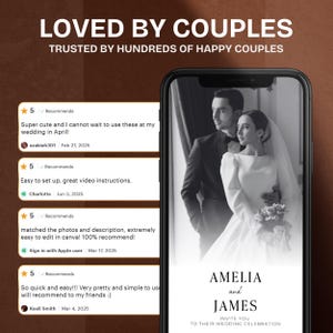 May include: A smartphone screen displays a wedding invitation design with the names "Amelia and James." The image includes customer reviews with 5-star ratings and text: "LOVED BY COUPLES" and "TRUSTED BY HUNDREDS OF HAPPY COUPLES."