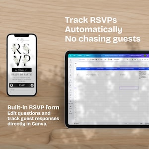 May include: A smartphone and tablet displaying RSVP forms and data. The phone shows a floral design with the text "RSVP" and "Ready to Party?" The tablet displays a spreadsheet. Text on the image reads "Track RSVPs Automatically No chasing guests."