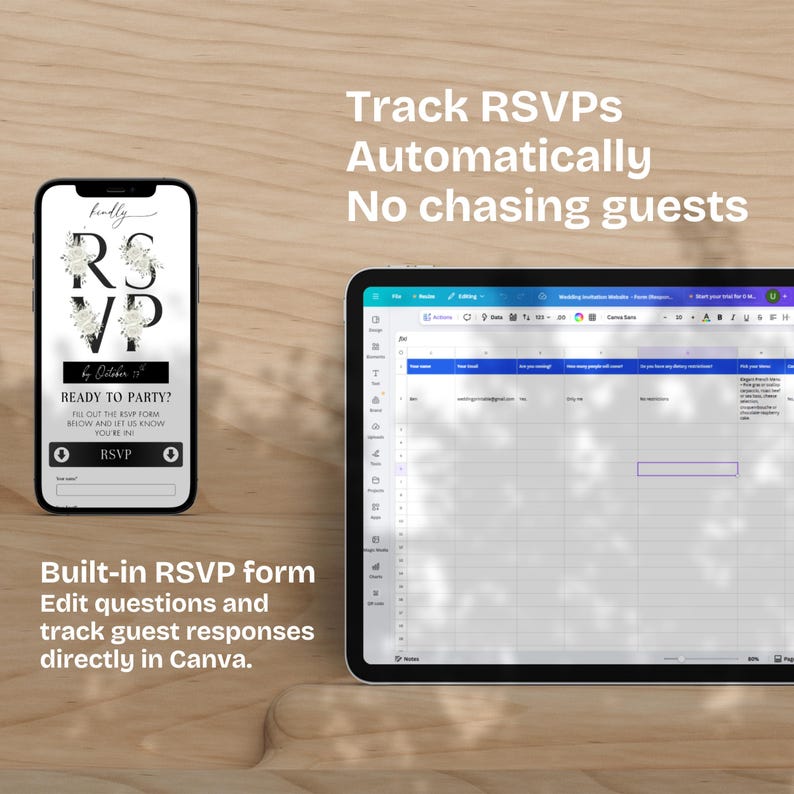 May include: A smartphone and tablet displaying RSVP forms and data. The phone shows a floral design with the text "RSVP" and "Ready to Party?" The tablet displays a spreadsheet. Text on the image reads "Track RSVPs Automatically No chasing guests."