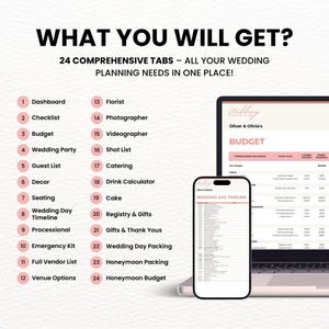 Comprehensive Wedding Planner Spreadsheet in Google Sheets with 24 tabs, including budget, guest list, timeline, vendor list, and more. This all-in-one digital wedding budget spreadsheet planner organizes every aspect of wedding planning in one downloadable budget template.