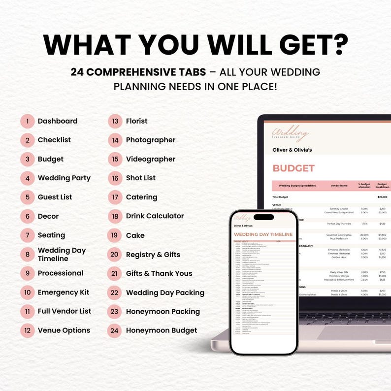 Comprehensive Wedding Planner Spreadsheet in Google Sheets with 24 tabs, including budget, guest list, timeline, vendor list, and more. This all-in-one digital wedding budget spreadsheet planner organizes every aspect of wedding planning in one downloadable budget template.