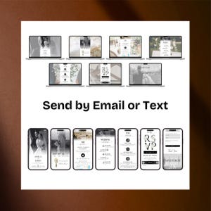 May include: A digital wedding invitation design displayed on laptops and smartphones. The design includes wedding details, RSVP information, and the text "Send by Email or Text". The invitation features a minimalist design with black and white photography.