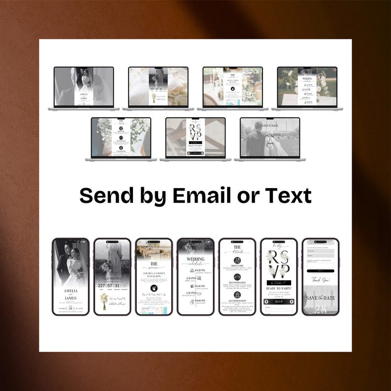 May include: A digital wedding invitation design displayed on laptops and smartphones. The design includes wedding details, RSVP information, and the text "Send by Email or Text". The invitation features a minimalist design with black and white photography.