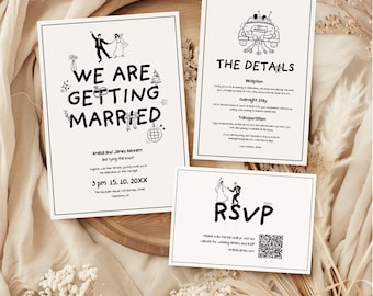 May include: A set of three white wedding invitation cards with black line art illustrations. The cards feature text including We Are Getting Married, The Details, and RSVP, along with drawings of a couple, a car, rings, and a QR code.
