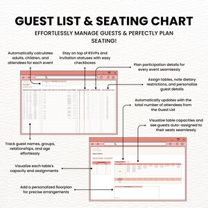 Wedding Planner Spreadsheet in Google Sheets for guest list and seating chart organization. Manage RSVPs, assign seats, and track dietary needs in this digital budget planner. The wedding planner template updates automatically to keep your guest arrangements accurate and stress-free.