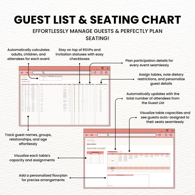 Wedding Planner Spreadsheet in Google Sheets for guest list and seating chart organization. Manage RSVPs, assign seats, and track dietary needs in this digital budget planner. The wedding planner template updates automatically to keep your guest arrangements accurate and stress-free.