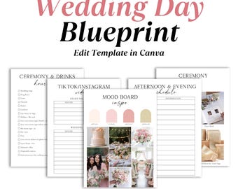 May include: A digital wedding day blueprint template featuring multiple pages with checklists, schedules, and a mood board. The text includes Wedding Day Blueprint, Edit Template in Canva, Ceremony & Drinks, TikTok/Instagram, and Mood Board.