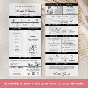 May include: A wedding program with the names Amelia & James, date, and location. The design is a two-page layout with event details, guest information, and a thank you message. The color scheme is primarily white and black.