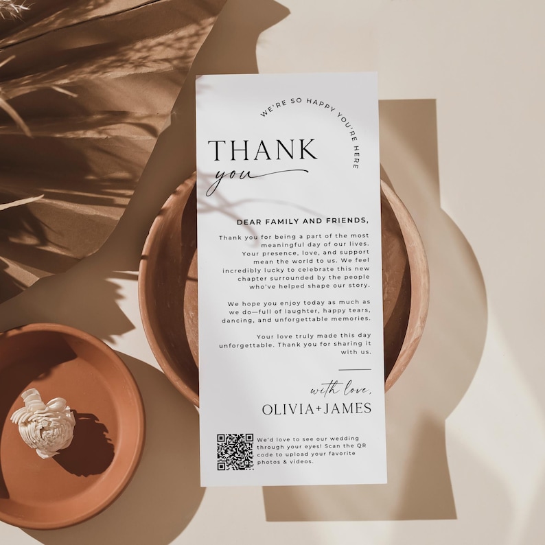 Minimalist wedding thank you card template styled in a warm, artistic setting with natural shadows. This personalized thank you note is editable and printable, designed for brides and grooms who want a modern thank you card at each place setting. A unique thank you card that doubles as a wedding thank you gift and note card to capture your gratitude in style.
