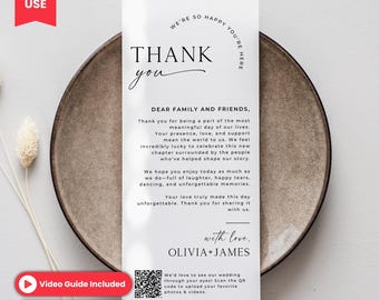 Wedding Thank You Note with QR Code, Printable Wedding Thank You Card Template, Editable Thank You Wedding Card, Place Setting Card