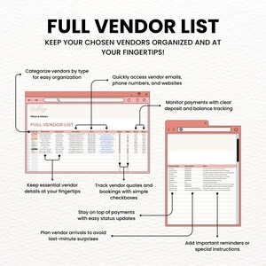 Digital Wedding Budget Spreadsheet Planner and Google Sheets Budget Template for managing vendors. Keep all vendor contacts, track deposits, and monitor payments with this all-in-one wedding planner spreadsheet. Perfect for organizing bookings, budgets, and wedding planning tasks in one digital planner.