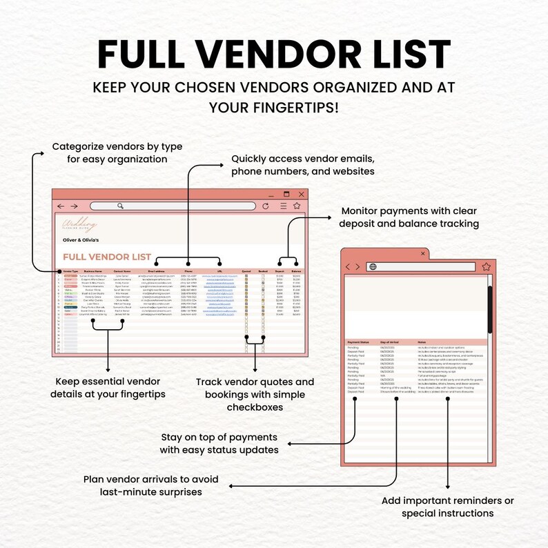 Digital Wedding Budget Spreadsheet Planner and Google Sheets Budget Template for managing vendors. Keep all vendor contacts, track deposits, and monitor payments with this all-in-one wedding planner spreadsheet. Perfect for organizing bookings, budgets, and wedding planning tasks in one digital planner.